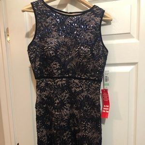 Blue Sequin With Nude Underlay Cocktail Dress